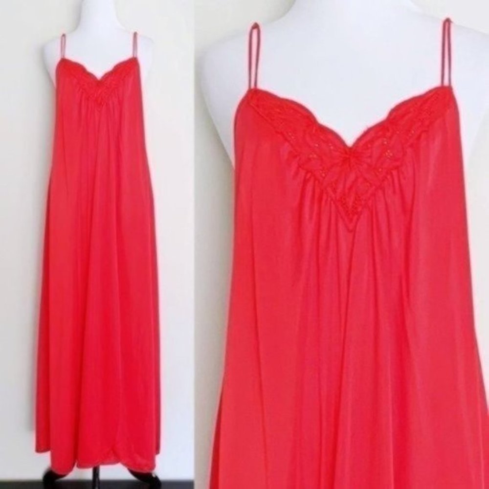 Vintage 1970s Shadowline Lipstick Red Eyelet Long Nightgown Slip Dress Small